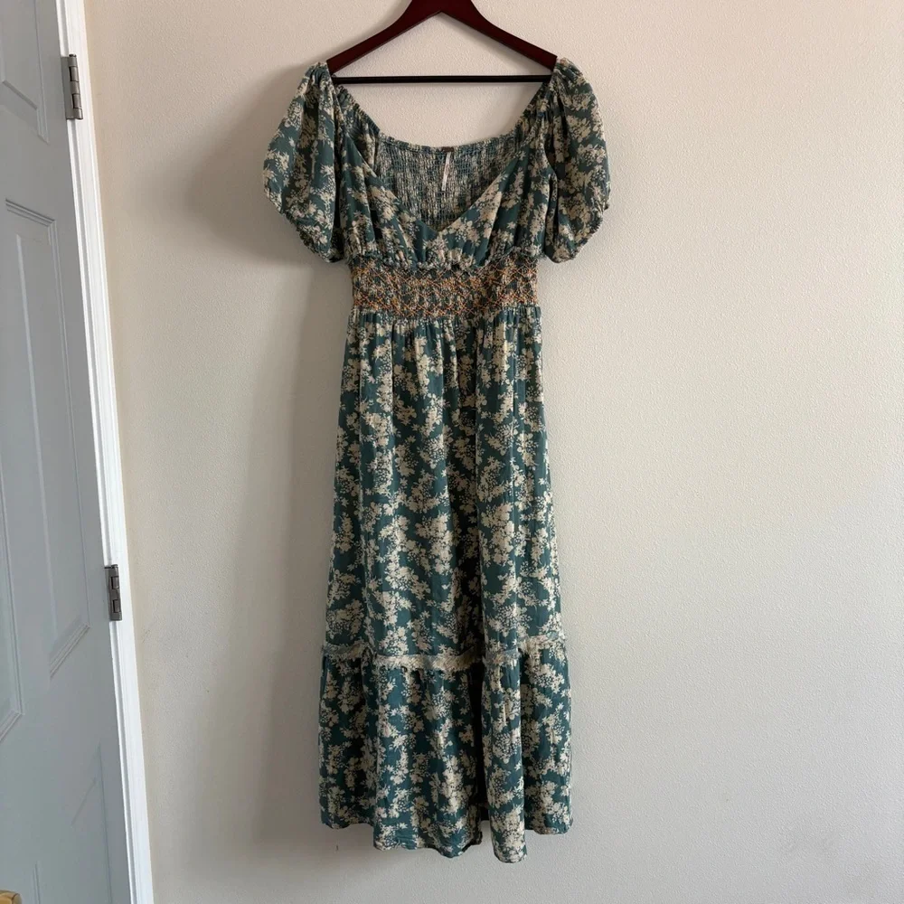 Free people Ellie Floral Print Gauze Dress in Soft Seafoam Womens Sz Small